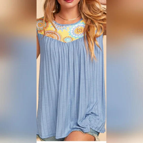 Plus Yellow & Denim Medallion Color Block Wide Rib Tank Top - Picture 5 of 8